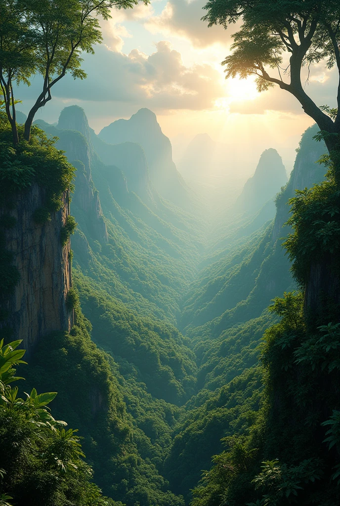 A panoramic view of a lush, tropical jungle from a towering peak. The sun, casting long, dramatic shadows, is breaking through a cloud-filled sky, creating a dramatic contrast between light and shadow. The air is thick with moisture, and the recent rain has left the leaves glistening and vibrant.