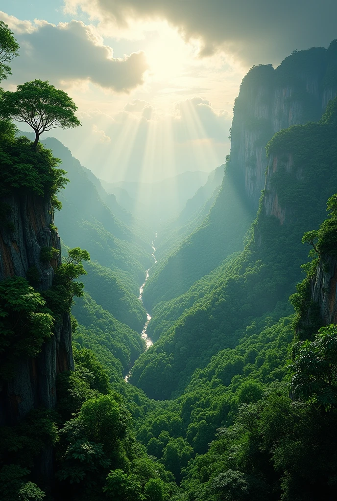 A panoramic view of a lush, tropical jungle from a towering peak. The sun, casting long, dramatic shadows, is breaking through a cloud-filled sky, creating a dramatic contrast between light and shadow. The air is thick with moisture, and the recent rain has left the leaves glistening and vibrant.