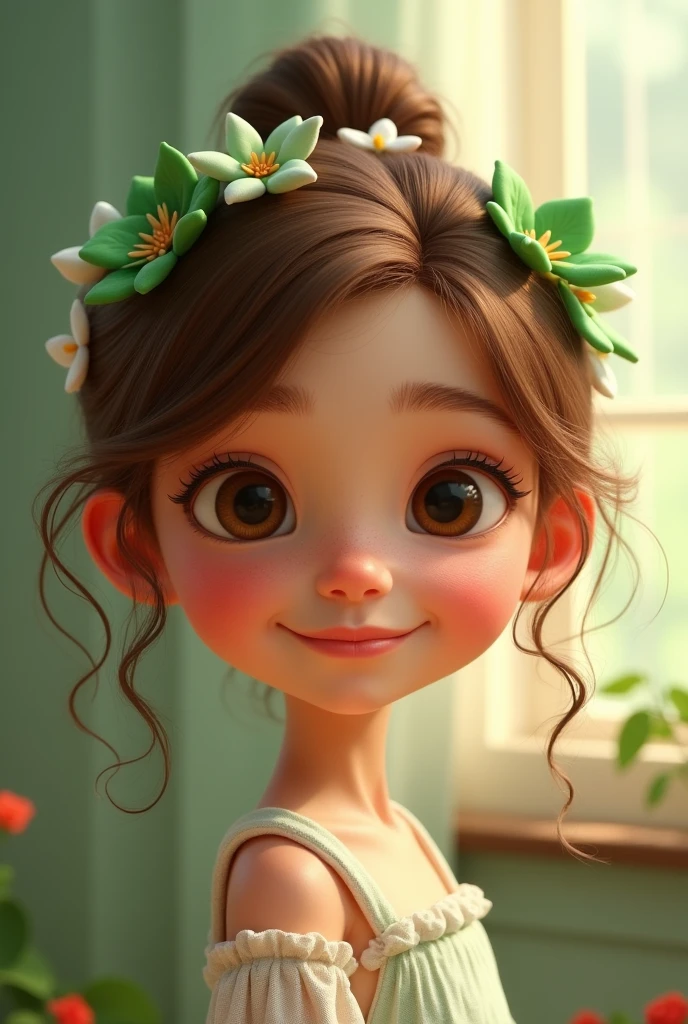 Face cute girl, hair Brown with flowers green color, white color and red color on the head . Pixar style
