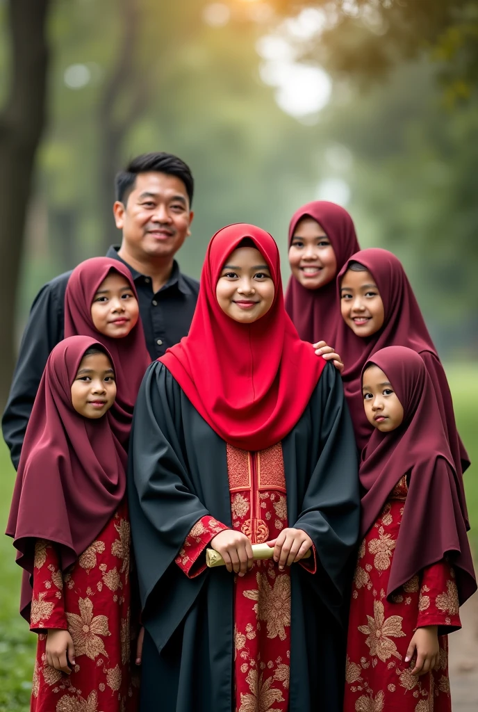 Family photo of a girl graduating wearing a red kebaya and a black toga and wearing a red headscarf carrying a diploma in her hand., attended by six members of his family, father, mothers who wear hijab, Older sister wearing hijab, Big Brother, sister and littleer