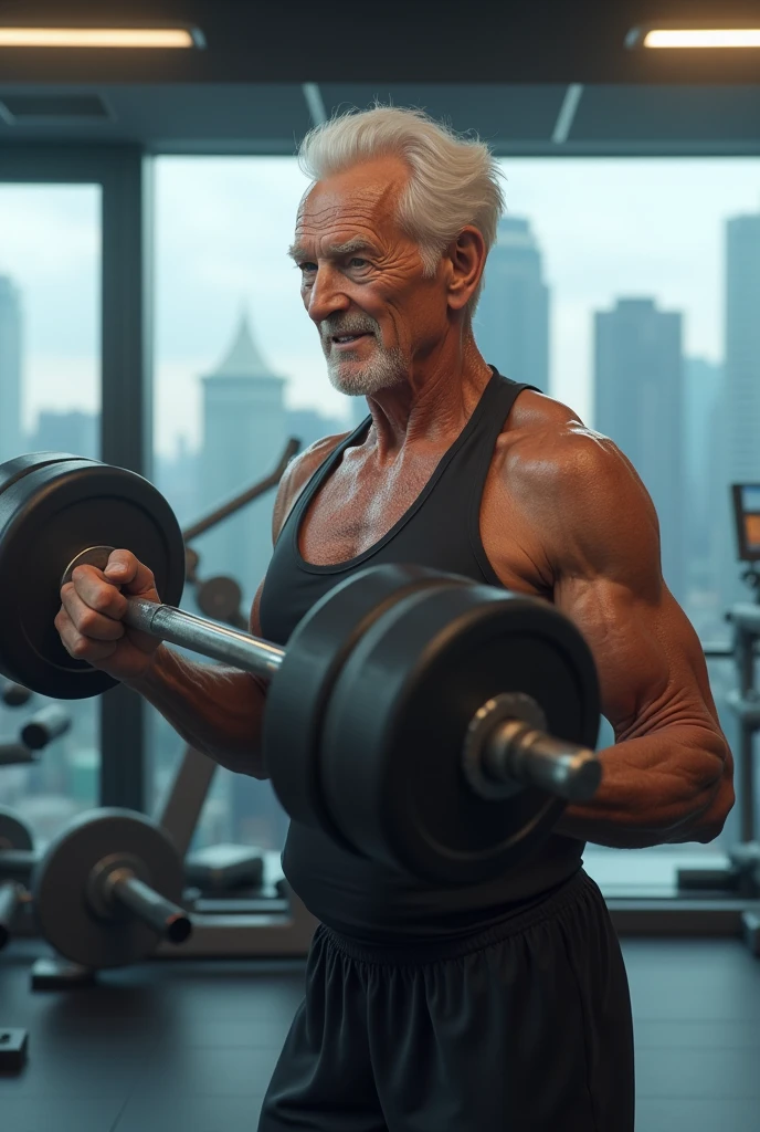 create an image of an elderly person doing physical activity at the gym