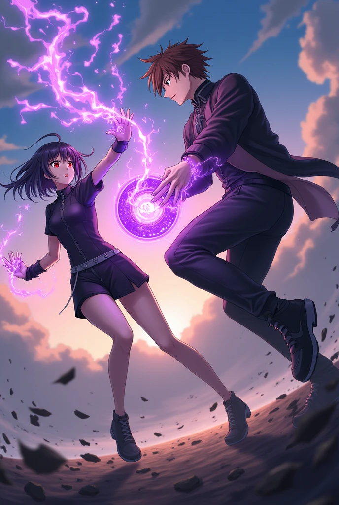 Make an image of the white male character with brown eyes and hair, with medium length hair parted in the middle with black clothes holding a purple power. and one with long black hair and white bangs and red eyes, with a short black jumpsuit long black hair with black power in her hand Using powers on an anime style battlefield