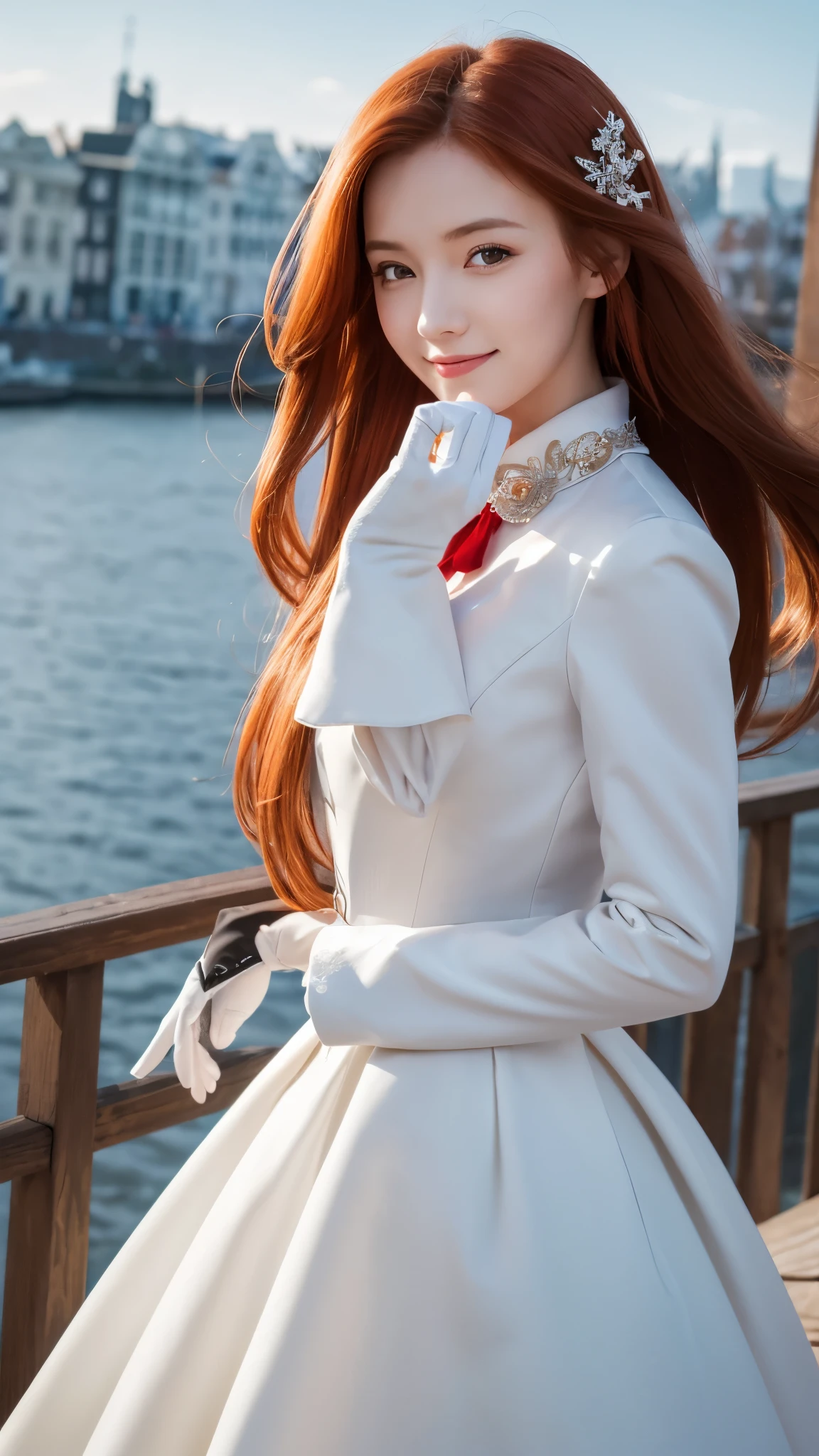 ((masterpiece,Highest quality)),8k wallpaper,One girl, Long Hair, Redhead, alone, dress, Red eyes, View your viewers, Long sleeve, Are standing, building, white dress, gloves, hair ornaments, Black jacket, smile, Floating Hair, Dutch Angle, Mouth closed, avert your eyes, Outdoor