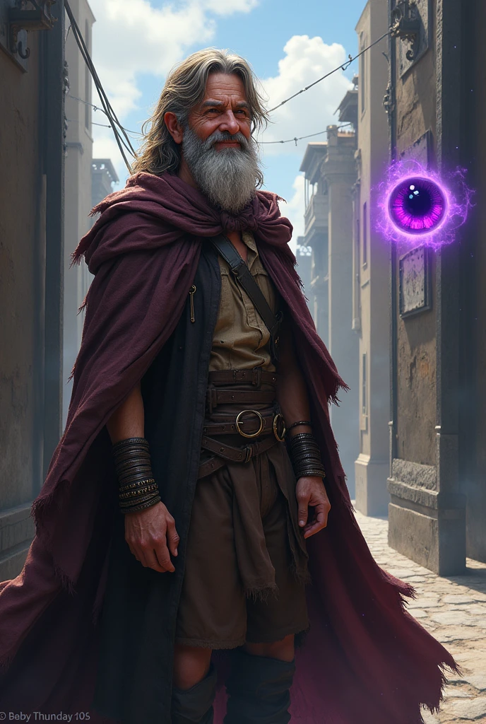 A middle aged magician with children bracelets on his wrists. He has brown but graying hair. He wear a used and torne cape to hide his adventurer clothes and a floating purple ethereal eye is floating near him. The picture is tajen from afar and the man is standing next to the city gates. The man has a smile on his face