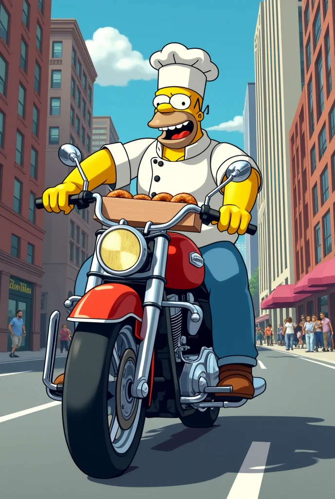 Homer Simpson on a motorcycle delivering donuts, smiling in chef's clothes