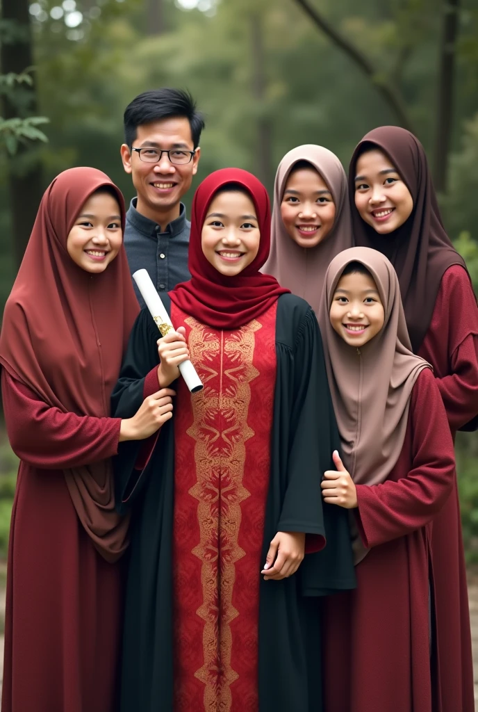 Family photo of a girl graduating wearing a red kebaya and a black toga and wearing a red headscarf carrying a diploma in her hand., attended by six members of his family, father, mothers who wear hijab, Older sister wearing hijab, Big Brother, sister and littleer