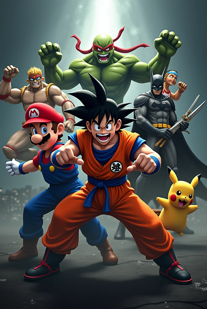 Super Mario, ein Super Sajajin, Raffael from the Ninja Turtles, monkey D.Ruffy, pikachu, the hulk, He-Man and Batman in a group photo with a dark background, striking attack poses.