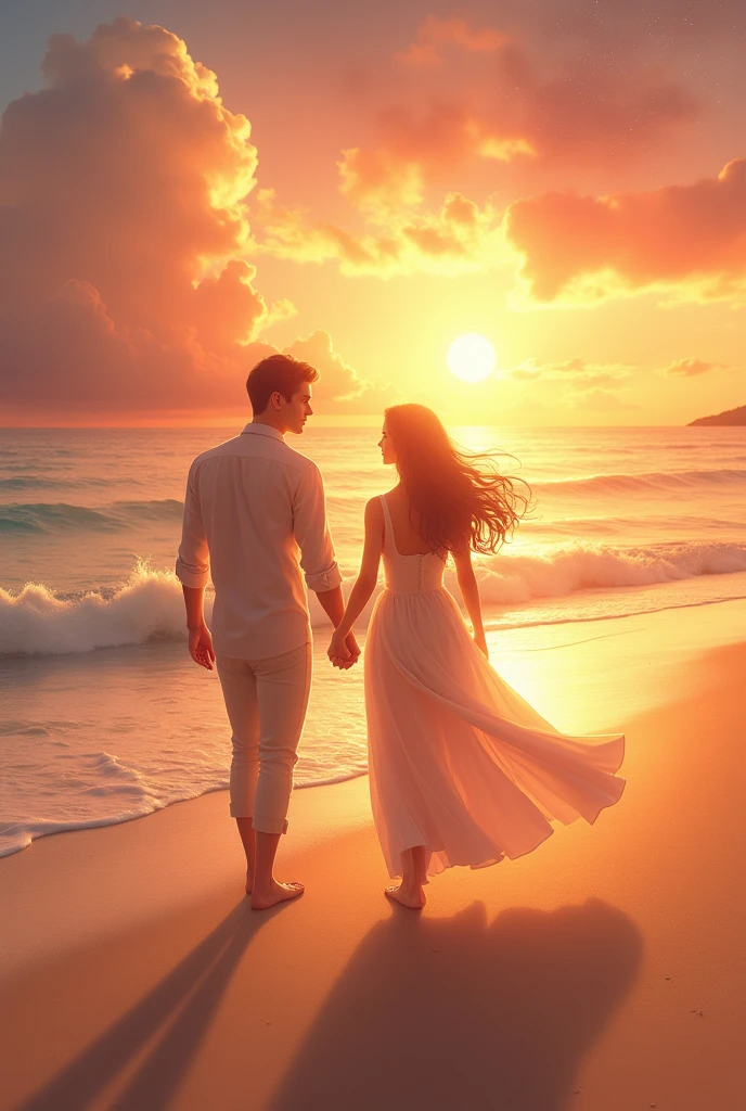 Beautiful girl walking in beach holding hand with protective boy and sunset