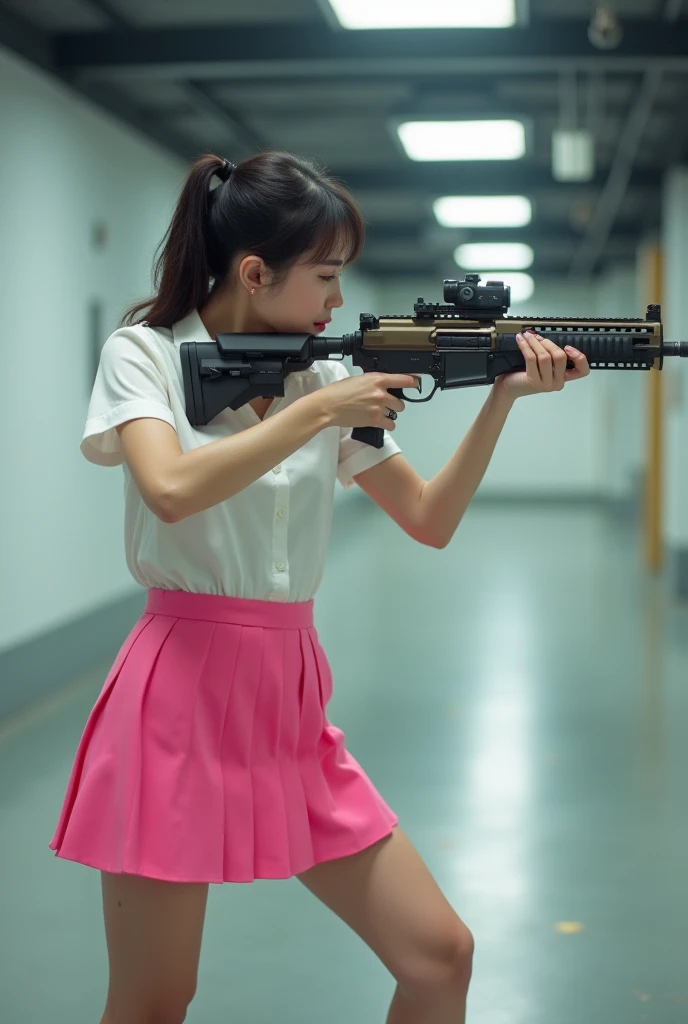 beautiful chinese office lady in pink mini skirt holding rifle aiming with legs spread shooting range target sweet face