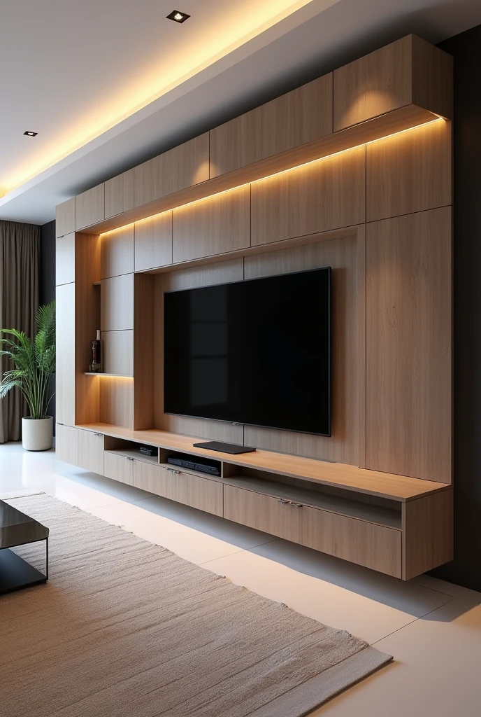 A modern and elegant looking tv unit design for modern living room, wall is 12 feet long and 9 feet tall, on this wall the tv unit need to be created