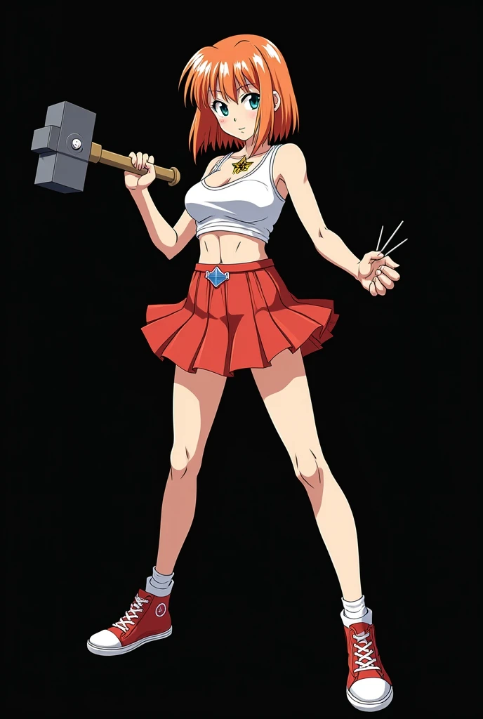A full body image of an 1 girl named Hana Watanabe, personagem do anime "dragonball z", she is very beautiful, with medium length straight fire-colored hair with two white highlights in the front, framing your face. She has blue-green eyes and pale skin.. she is a Wiccan, she is in fighting pose. she wears a pentagram necklace, croped, glued skirt, beautiful women's high-top shoes and ¾-long socks, she holds a hammer in one hand.and nails. It is drawn with Akira Toryama's animation. black backdrop.