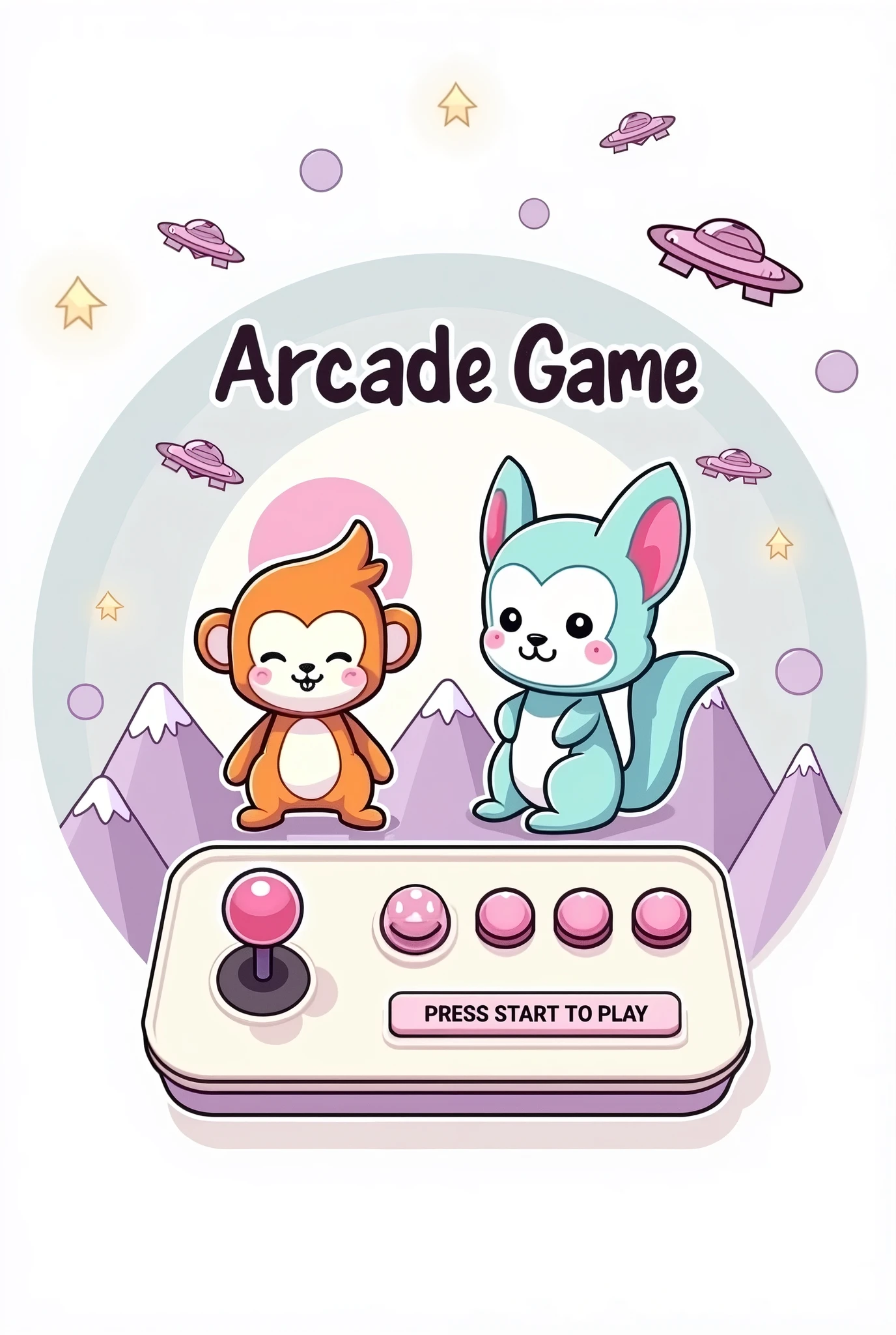 create an art. The image is a stylized graphic with a pastel color palette., predominantly in shades of pink, purple and blue. no topo central, There's the text "Arcade Game" in a fun font with a slight shadow effect. Below this text, ((there are two cartoon style squishmallow animals: to the left, a monkey with orange and white fur and closed eyes that suggest contentment; On the right, a squirrel with blue and white feathers and big round eyes. Both animals are sitting.)), No fundo, there are graphics that resemble mountains in various shades of purple with white outlines that give them a geometric appearance "metaverse style". Above these mountains, float three small spaceships and one larger ship. There is also a large pink planet-like object with rings around it.. Na parte inferior da imagem, there is an arcade game control panel with a joystick on the left side, which has a pink top and a light blue base. To the right of the joystick, there are four buttons: three smaller ones aligned horizontally in light pink colors, dark pink and blue, respectively; Beneath them, there is a larger button in dark pink. No canto inferior direito da imagem, there is additional text saying "PRESS START TO PLAY" inside a speech bubble shaped button design.