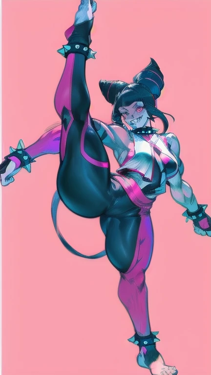 Full body image of Juri Han from Street Fighter 5, wearing her original outfit (black and purple clothes with spiked accents, barefoot with taped feet, and arm guards), short black hair styled in twin buns, female body, athletic and flexible body, dynamic pose, detailed pose, simple background, expressive face showing a mischievous grin, focus on face, line art, sketch