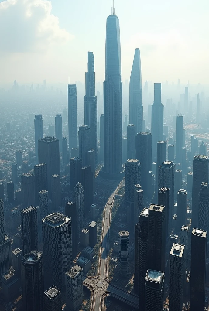 Build a modern, dense city with no empty spaces. The city's zoning should have large, very tall skyscrapers in the center, and as it moves away from the center, the height of the buildings will also gradually decrease., hierarchically from highest to lowest, until reaching peripheral areas with very low buildings, and there is no setback area between the buildings, being well compacted and together. See the city from afar so you can see its conical shape.