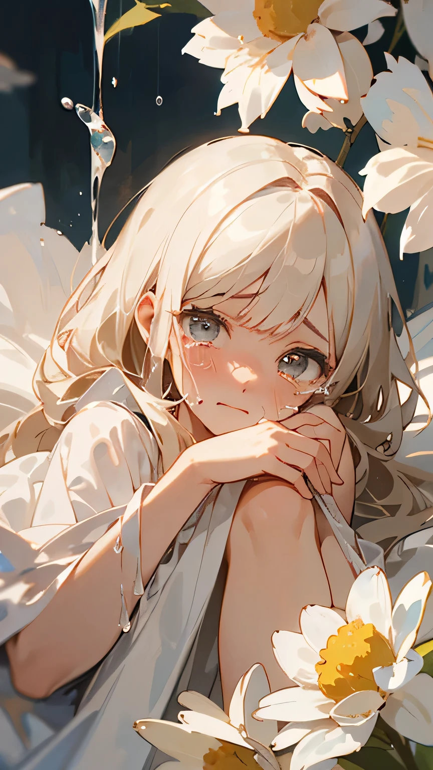 ((Highest quality)), ((masterpiece)), (detailed), beautiful girl,Almond Eye,Flower of Sorrow、Wrap me up, Melt away tears and hope, To welcome a new morning, Turn on the light in your heart, *Embrace me, sorrowful flower, melt my tears and hopes*