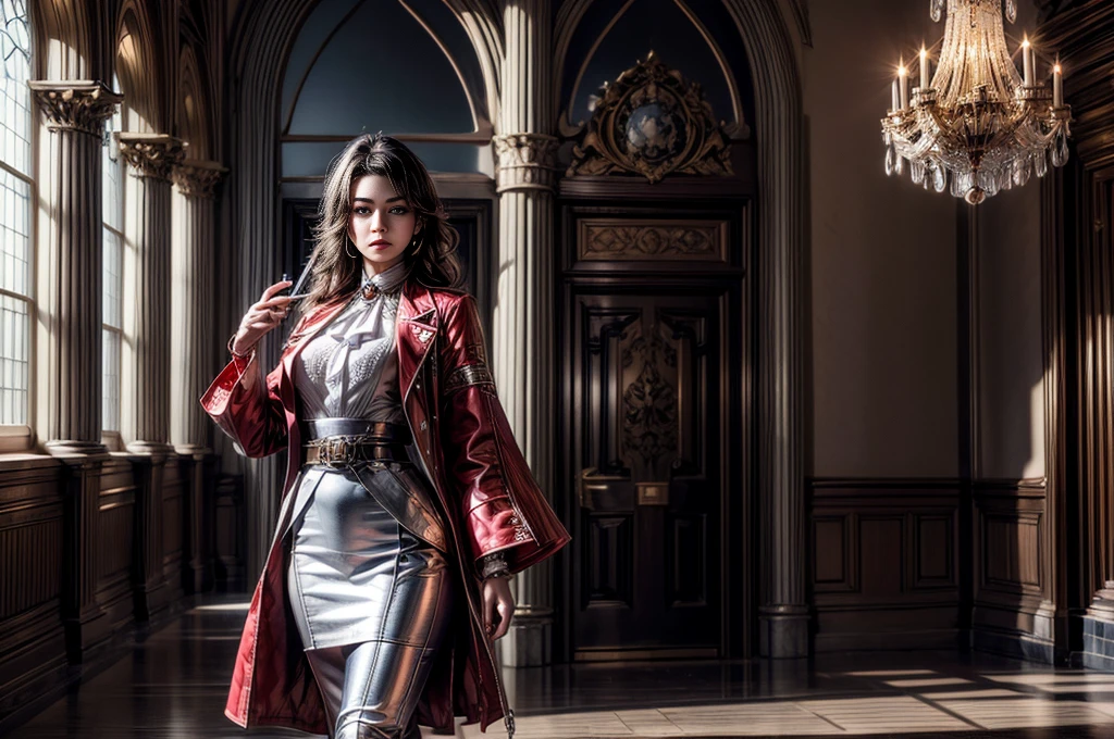 masterpiece,best quality, masterpiece, high detail,detailed face,detailed eyes,rendered eyes,perfect eyes,hip lines,crisp image,detailed,amazing,8k,8k wallpaper,8k background,high detailed skin,high res, (((cowboy shot))), solo, 1girl,looking at viewer,WillowSchnee, . Her attire consists of a white cravat secured by a silver brooch set with a red stone, as well as a light purple jacket with light sleeves, a wide belt around her waist, a matching pencil skirt with black tights and slippers. serious expression, inside stately mansion, great hall, , standing with black haired military officer, in front of wide stairway, pillars, high ceiling, chandelier, tall windows, holding wine glass, night, stars, servants and security detail standing by, (volumetric lighting), sharp focus, hyper detailed