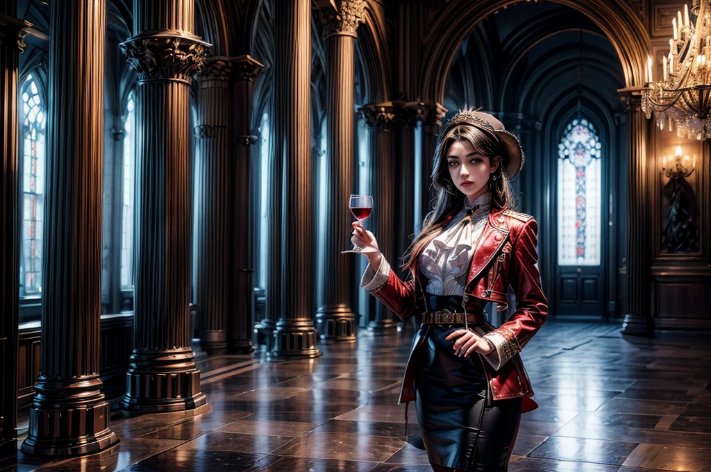 masterpiece,best quality, masterpiece, high detail,detailed face,detailed eyes,rendered eyes,perfect eyes,hip lines,crisp image,detailed,amazing,8k,8k wallpaper,8k background,high detailed skin,high res, (((cowboy shot))), solo, 1girl,looking at viewer,WillowSchnee, . Her attire consists of a white cravat secured by a silver brooch set with a red stone, as well as a light purple jacket with light sleeves, a wide belt around her waist, a matching pencil skirt with black tights and slippers. serious expression, inside stately mansion, gala, great hall, crowd, (crowd in military uniforms) near wide stairway, pillars, high ceiling, chandelier, tall windows, holding wine glass, (volumetric lighting), sharp focus, hyper detailed