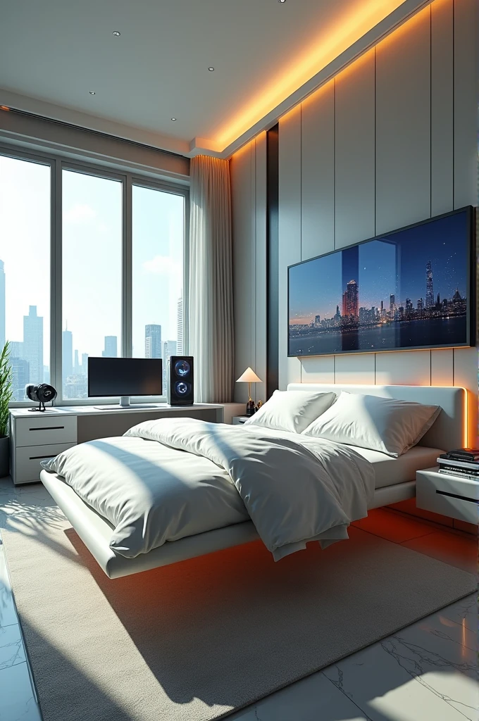 A room with a floating bed, that has tv, a pc, and a large L-shaped desk