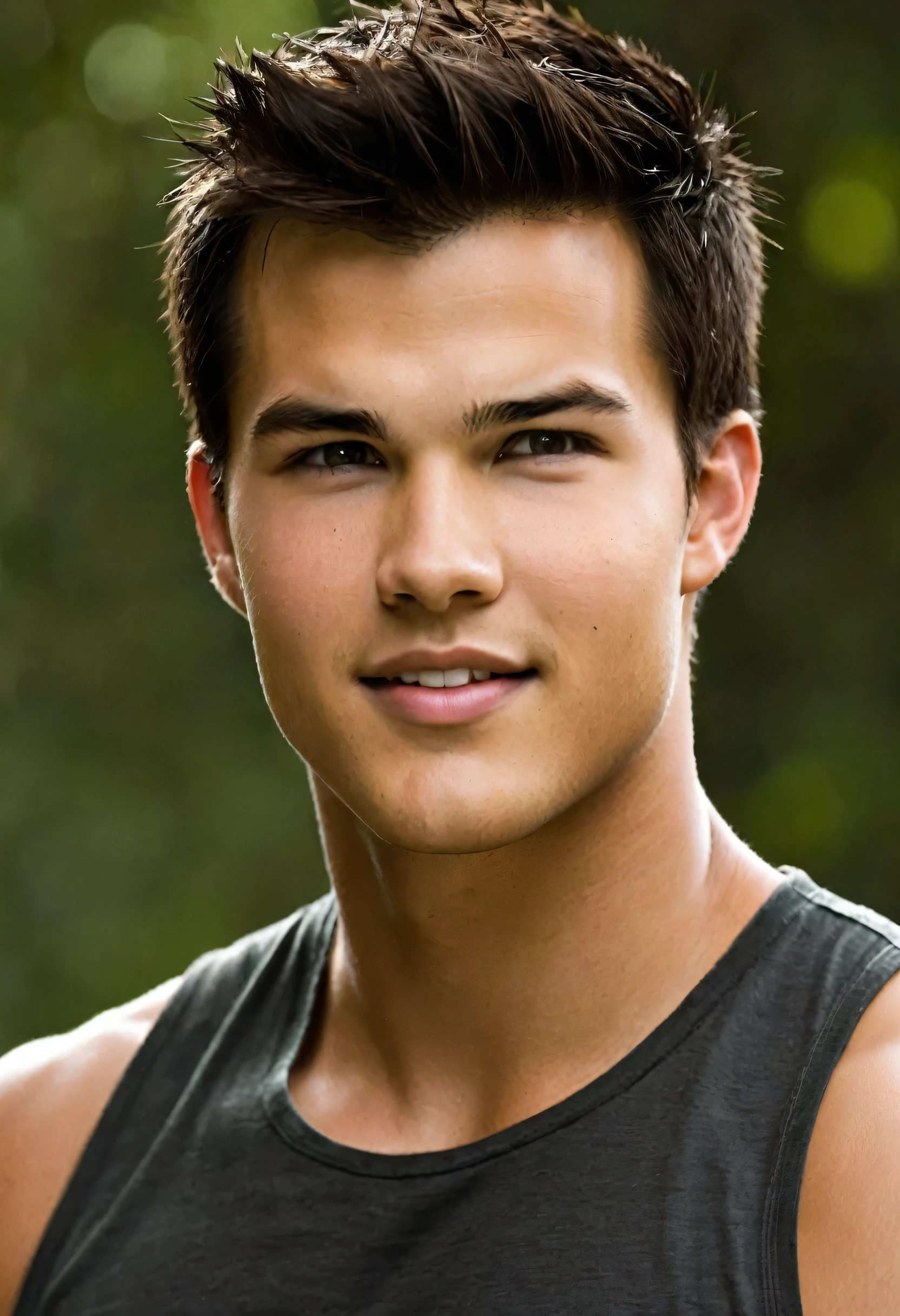 Taylor Lautner as Jacob Black in the film series "twilight", a young man with a very striking physical presence. He has tanned skin, almost coppery, that reflects its indigenous roots. Your body is muscular and well-defined, with broad shoulders and a robust torso. Jacob is tall, with a stature that commands respect.
Her hair is initially long and dark., smooth and falling to the shoulders, but at a certain point, he cuts his hair very short, which further highlights its strong and defined features. His eyes are dark and deep, conveying a mixture of intensity and kindness. Jacob has a generally serious expression, but with a warm smile that reveals his friendlier and more protective side.
The combination of your height, well developed muscles, and confident posture make him have a very striking and impressive presence..