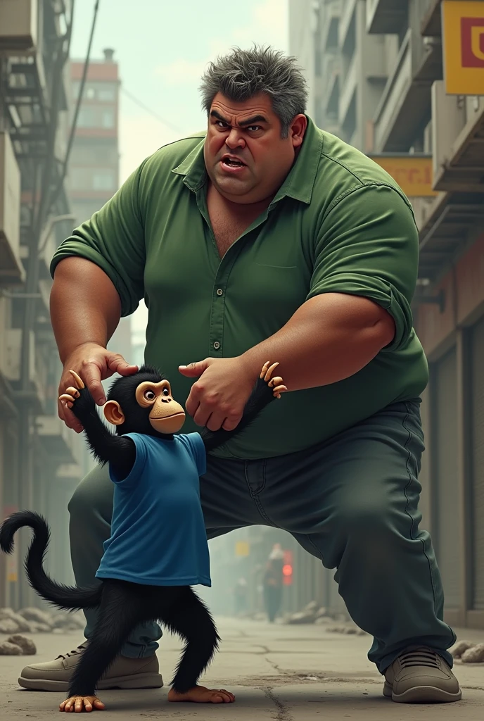 Create an image of an average fat man, in a green shirt beating up a monkey in a blue shirt