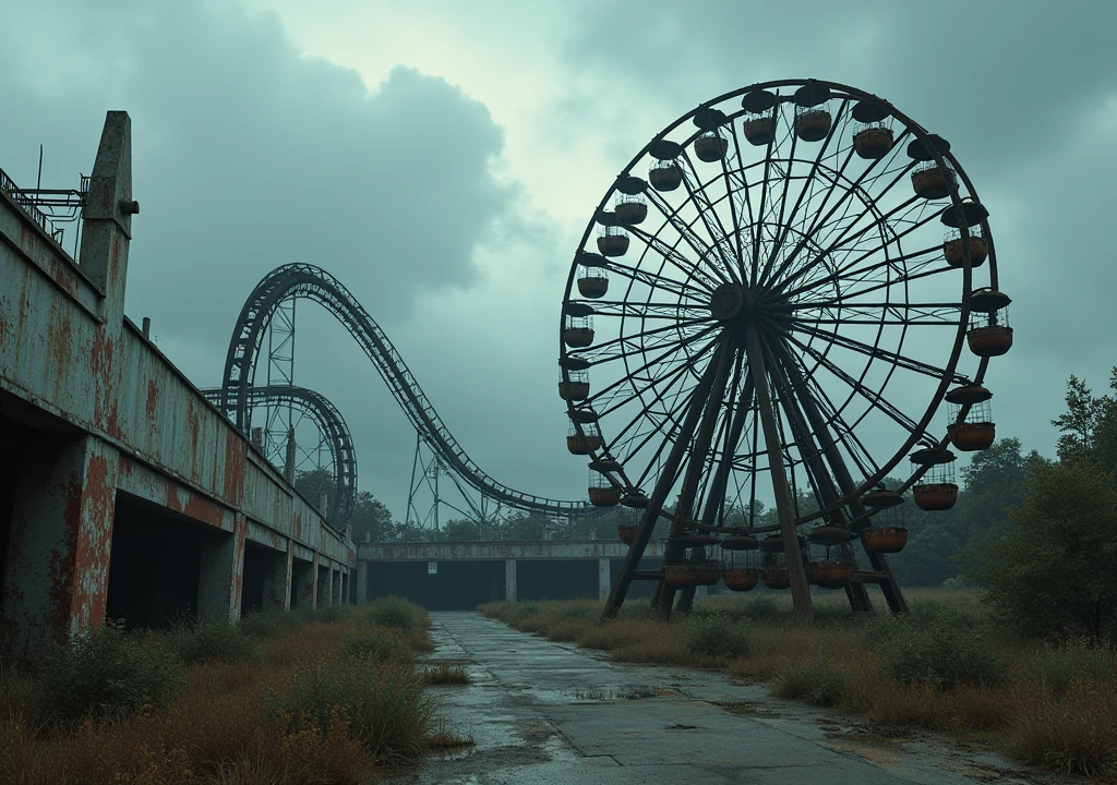 Image of abandoned amusement park , rollercoaster , ferris wheel