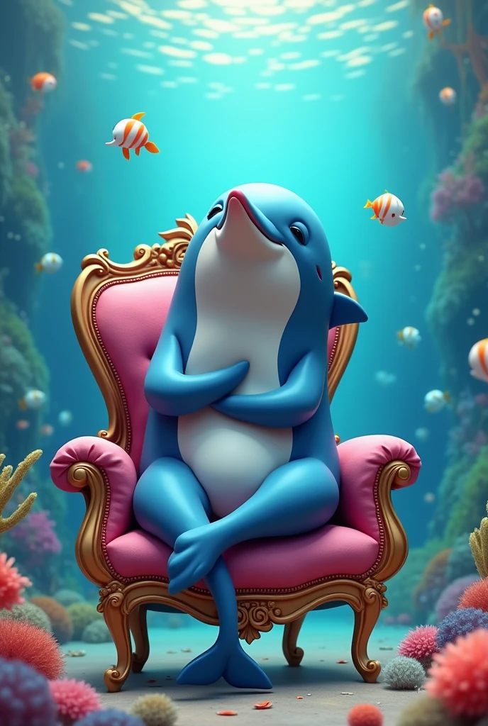 Create a colorful image of a dolphin sitting underwater on a chair with its fins crossed on its chest as if they were its arms and blowing a kiss with its mouth.