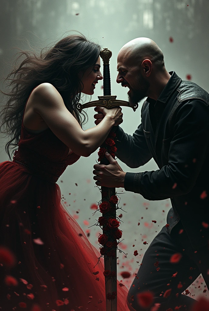 Two hands of a man and a woman fighting for a sword covered with thorns and roses, surrounded by blood