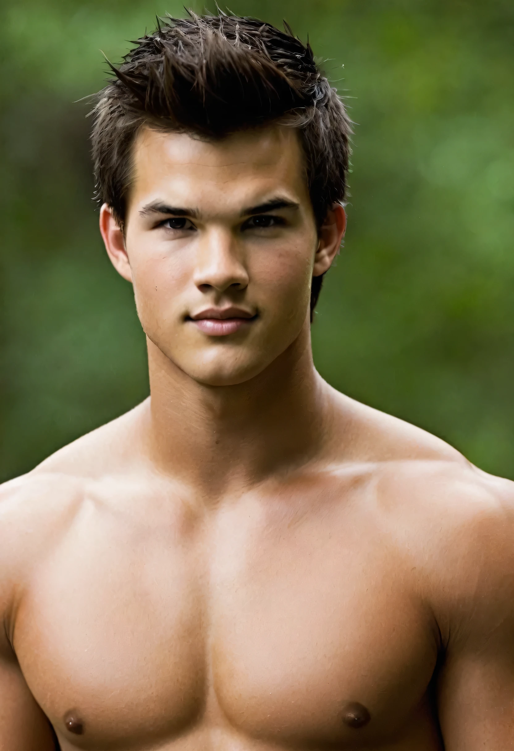 Taylor Lautner as Jacob Black in the film series "twilight", a young man with a very striking physical presence. He has tanned skin, almost coppery, that reflects its indigenous roots. Your body is muscular and well-defined, with broad shoulders and a robust torso. Jacob is tall, with a stature that commands respect.
Her hair is initially long and dark., smooth and falling to the shoulders, but at a certain point, he cuts his hair very short, which further highlights its strong and defined features. His eyes are dark and deep, conveying a mixture of intensity and kindness. Jacob has a generally serious expression, but with a warm smile that reveals his friendlier and more protective side.
The combination of your height, well developed muscles, and confident posture make him have a very striking and impressive presence..