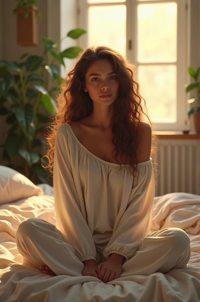 (photorealism:1.2), beautiful woman, sitting on bed, wearing loose off-shoulder top, pajama pants, long curly hair, indoors, soft lighting, plants in background, window with sunlight, cozy room, relaxed pose, realistic, intricate details, warm colors, by Greg Rutkowski, by Alphonse Mucha