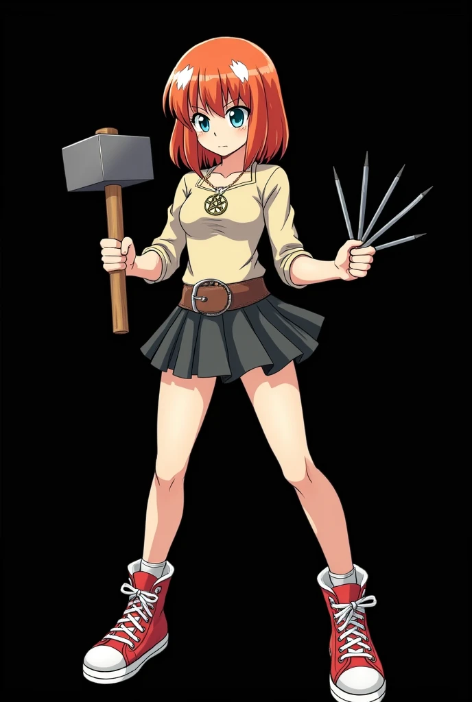 A full body image of an 1 girl named Hana Watanabe, personagem do anime "dragonball z", she is very beautiful, with medium length straight fire-colored hair with two white highlights in the front, framing your face. She has blue-green eyes and pale skin.. she is a Wiccan, she is in fighting pose. she wears a pentagram necklace, croped, glued skirt, beautiful women&#39;s high-top shoes and ¾-long socks, she holds a hammer in one hand.and nails. It is drawn with Akira Toryama&#39;s animation. black backdrop.