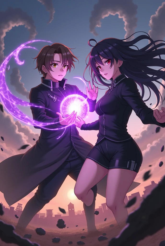  Make an image of the white male character with brown eyes and hair, with medium length hair parted in the middle with black clothes holding a purple power. and one with long black hair and white bangs and red eyes, with a short black jumpsuit long black hair with black power in her hand Using powers on a battlefield fighting together against a demon anime style 
