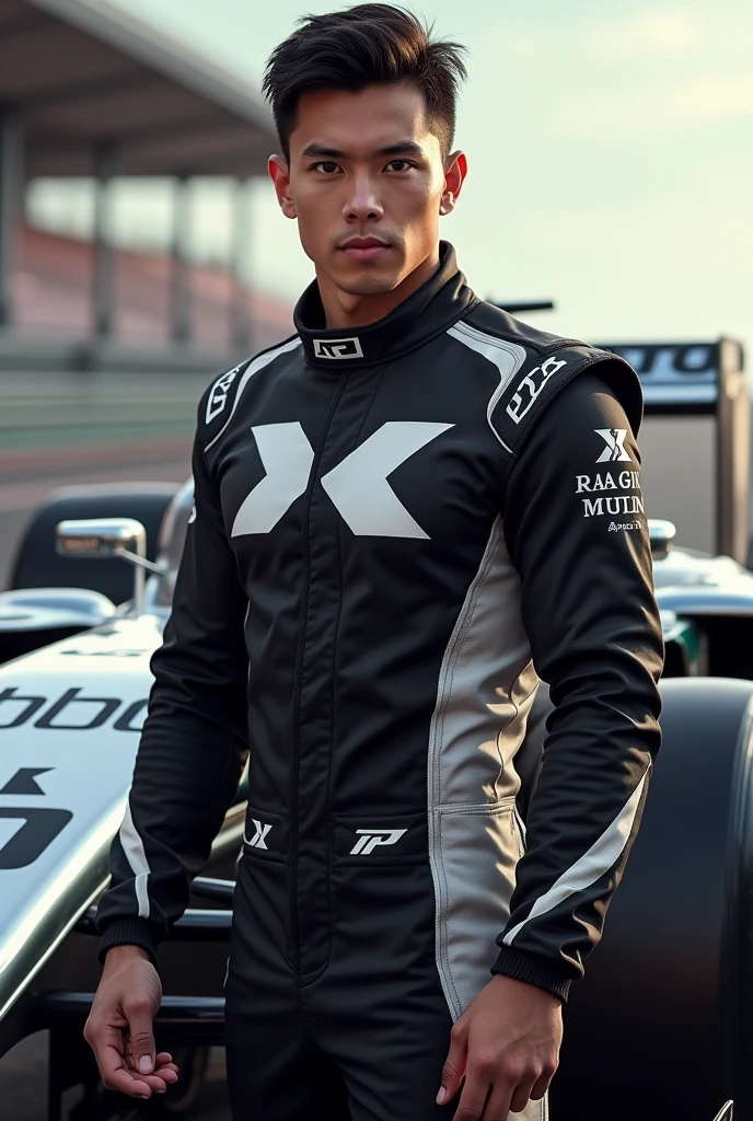 Handsome Filipino f1 driver wearing black and white tracksuit with chrome as sponsor with a large “K” on the suit (no helmet) with f1 car on the background