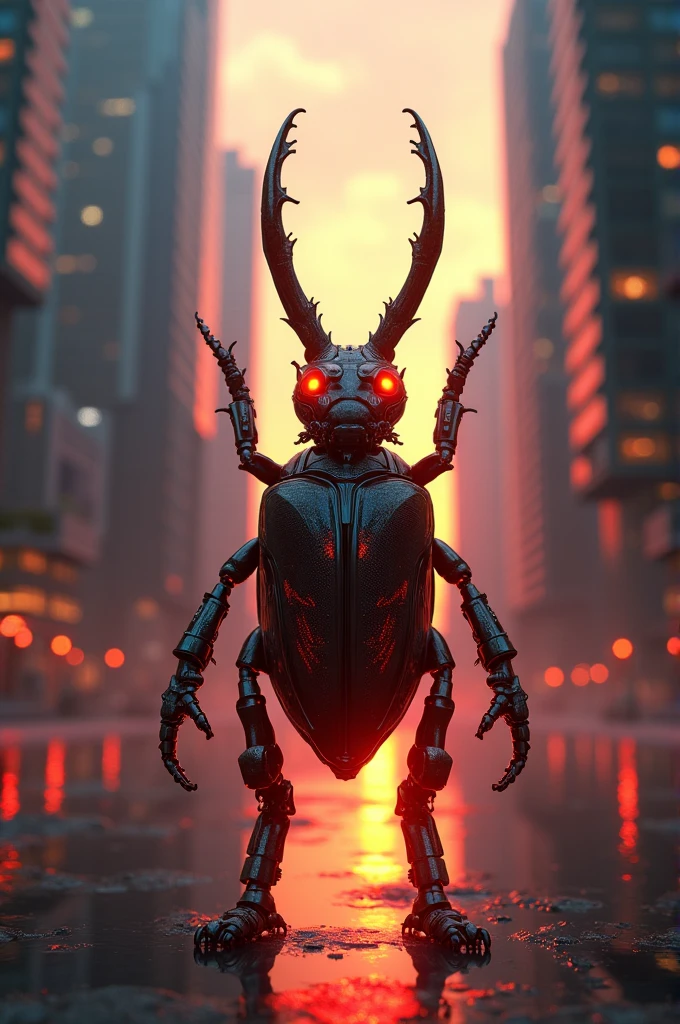 A fire beetle with cyborg glossy costume standing between sky scrappers at sunset