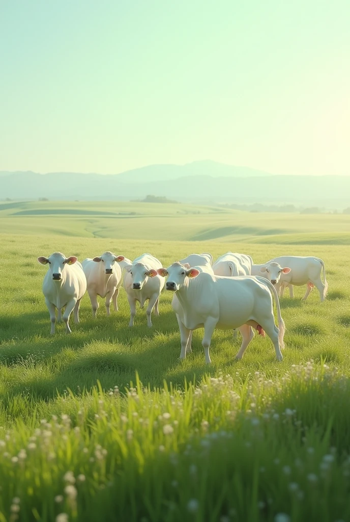make a vast pasture full of white cows with no mountains in the background of the image