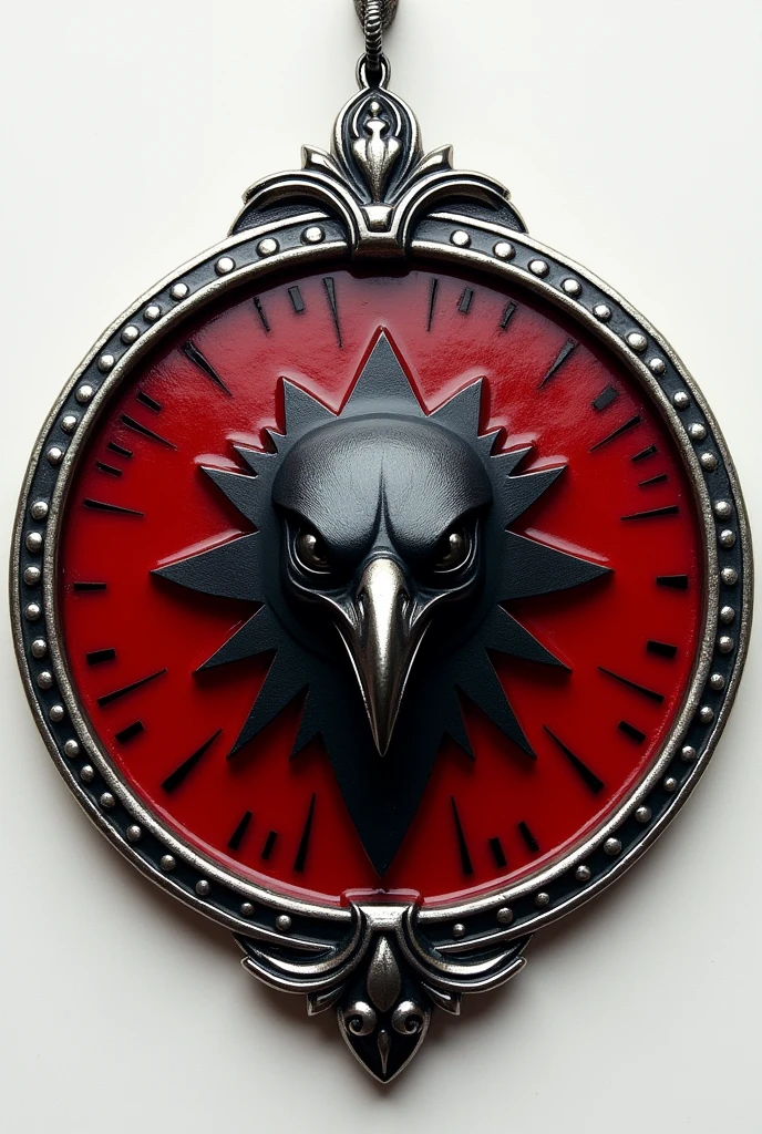 (((A round red charm or tag with a silver border and a black falcon head on the charm or tag.))