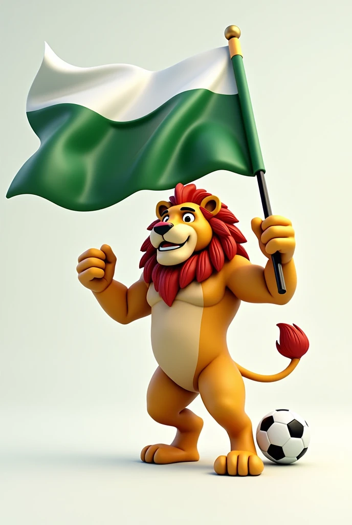 3D lion drawing holding a white and green soccer flag