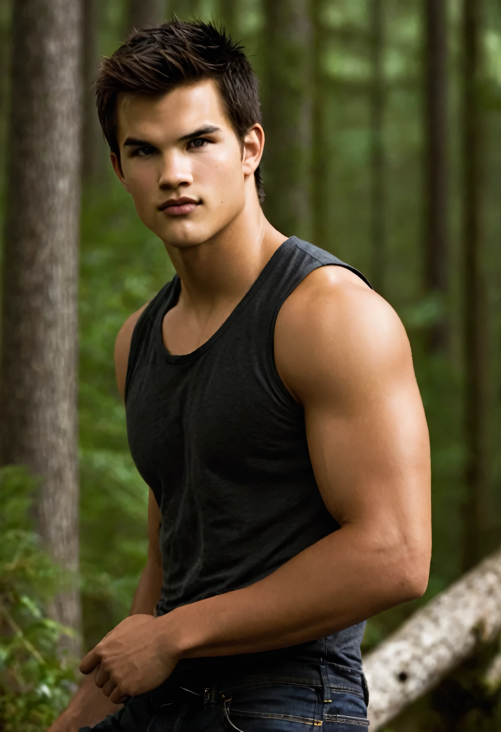 Taylor Lautner as Jacob Black in the film series "twilight", a young man with a very striking physical presence. He has tanned skin, almost coppery, that reflects its indigenous roots. Your body is muscular and well-defined, with broad shoulders and a robust torso. Jacob is tall, with a stature that commands respect.
Her hair is initially long and dark., smooth and falling to the shoulders, but at a certain point, he cuts his hair very short, which further highlights its strong and defined features. His eyes are dark and deep, conveying a mixture of intensity and kindness. Jacob has a generally serious expression, but with a warm smile that reveals his friendlier and more protective side.
The combination of your height, well developed muscles, and confident posture make him have a very striking and impressive presence..