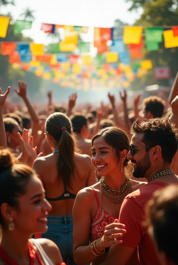 A vibrant photo of a large crowd gathered at a music festival, joyfully listening to Brazilian samba. The scene is set in a sunlit outdoor venue with colorful banners and flags overhead. People in the crowd are dancing and clapping, with big smiles on their faces, creating an energetic and festive atmosphere.