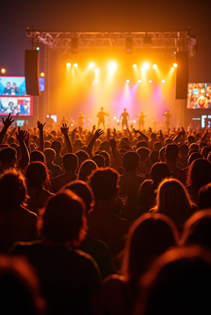 A lively evening photo of a crowd at a music festival, swaying to the rhythms of Brazilian samba. The stage is illuminated with warm, golden lights, casting a glow over the enthusiastic audience. The crowd is tightly packed, with some people holding drinks, others dancing, and everyone immersed in the music.