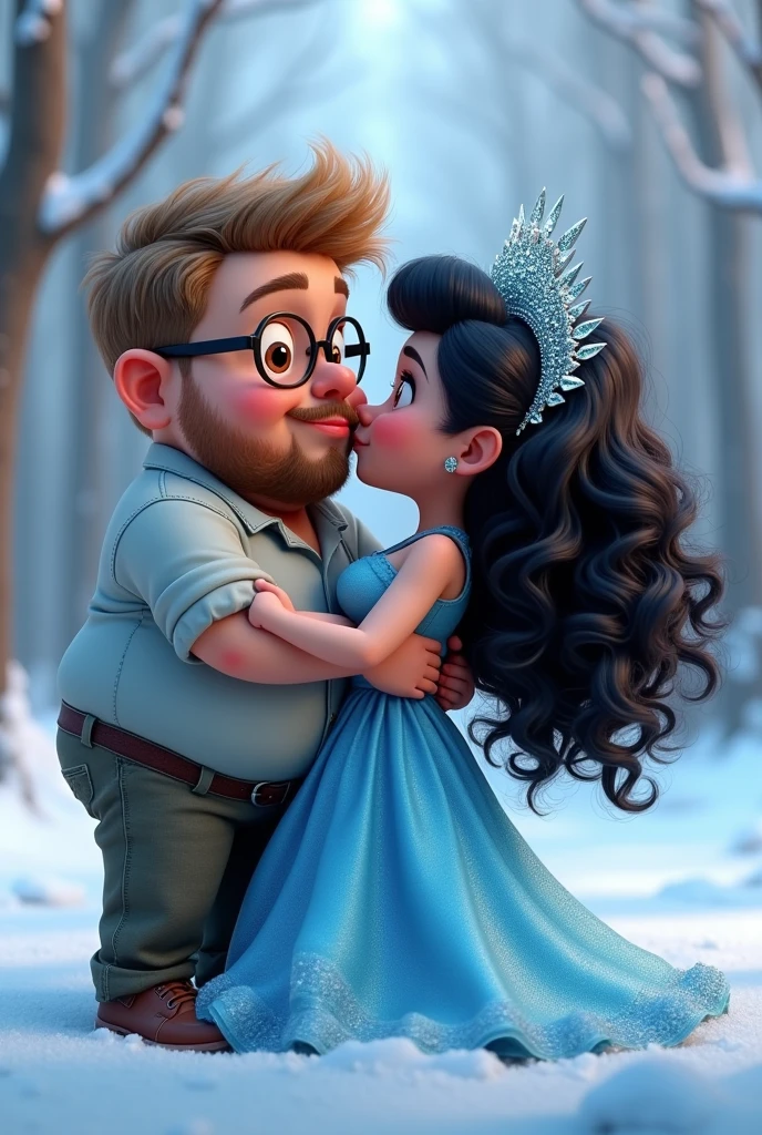 pixar 3d effect, couple in love, he young chubby, Eye Brown, taz's clothes, light hair, goatee, wearing glasses, she has black curly hair, black curly hair, eyes browns, ice queen dress, Diamond Crown, Snow Background