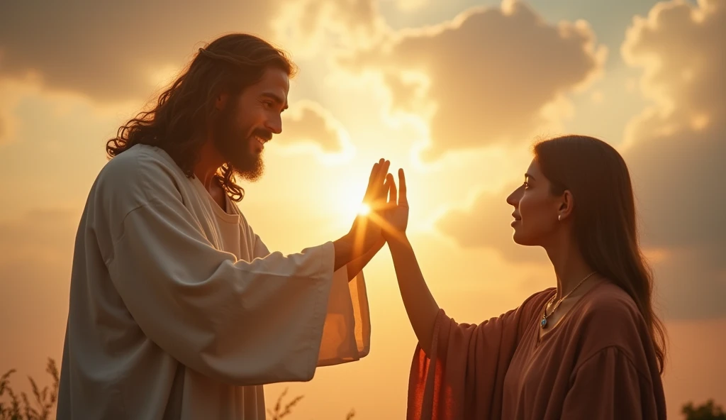 jesus, in the sky, blessing a person on Earth.