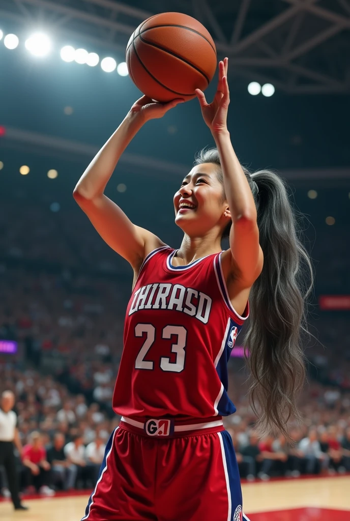 A beautiful youthful looking white Asian women as a 50 years old woman with very long hair completely gray hair in a 90s ponytail as a retired
NBA player wearing her old NBA jersey shooting the ball in the basket in a nba stadium she is smiling for the camera