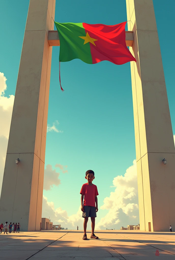 boy that stand under a towers and street those desined republic of Somaliland flag and saying "Erigavo for peace"