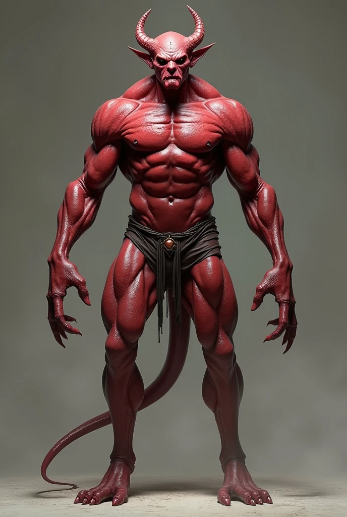 realistic image of a demon, defined muscle body, delgado, 1, blood red skin, T pose, without light color background