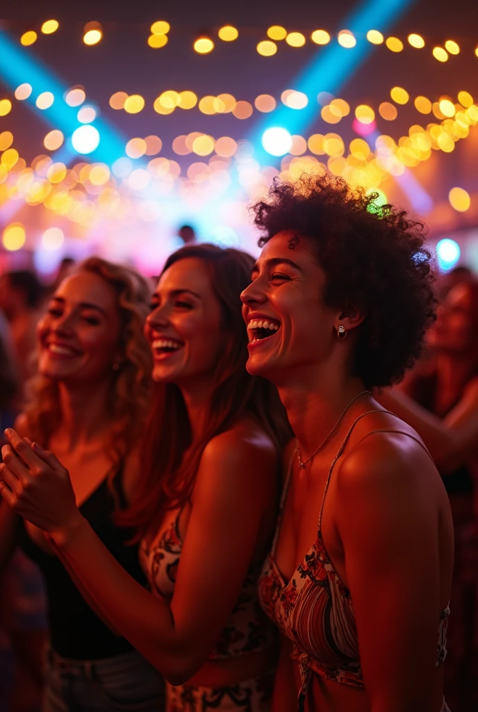 A close-up photo of a group of friends in the crowd at a music festival, enjoying Brazilian samba. They are dancing and laughing, with colorful festival lights reflecting on their faces. The background shows a sea of people, all moving to the beat of the music, under a canopy of string lights.