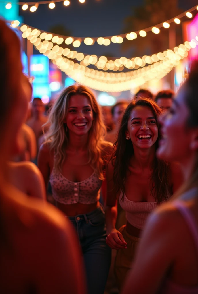 A close-up photo of a group of friends in the crowd at a music festival, enjoying Brazilian samba. They are dancing and laughing, with colorful festival lights reflecting on their faces. The background shows a sea of people, all moving to the beat of the music, under a canopy of string lights.
