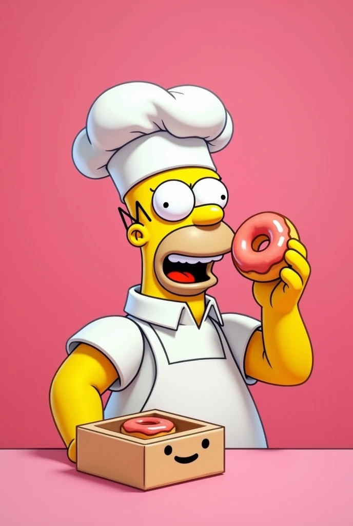 Homer Simpson dressed as a chef, with a smiling donut box, in chef's clothes. pink back ground