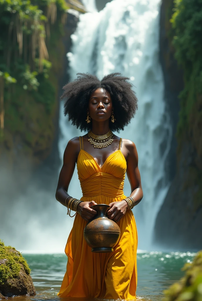 A black woman coming out of the waterfall wearing a golden yellow outfit with cowrie shells in her hair and a jug of water in her hands and copper bracelets with the waterfall in the background in 3D , em close .