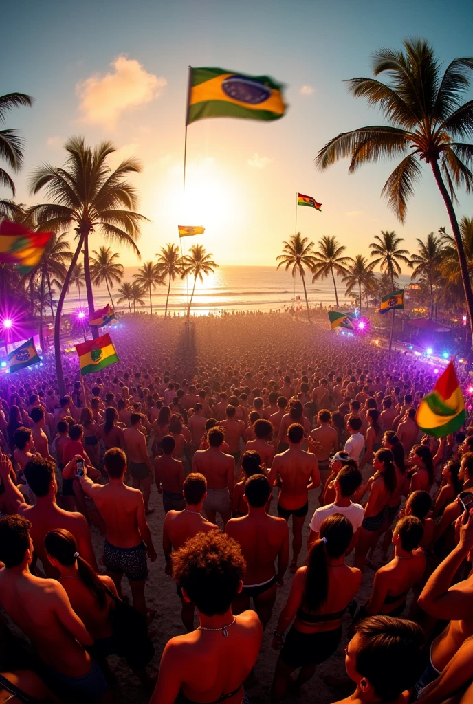 A wide-angle photo of a massive crowd at a beachside music festival, grooving to Brazilian samba. The stage is set against the backdrop of the ocean at sunset, with palm trees and colorful lights adding to the tropical vibe. The crowd is a mix of people dancing, waving flags, and taking photos.
