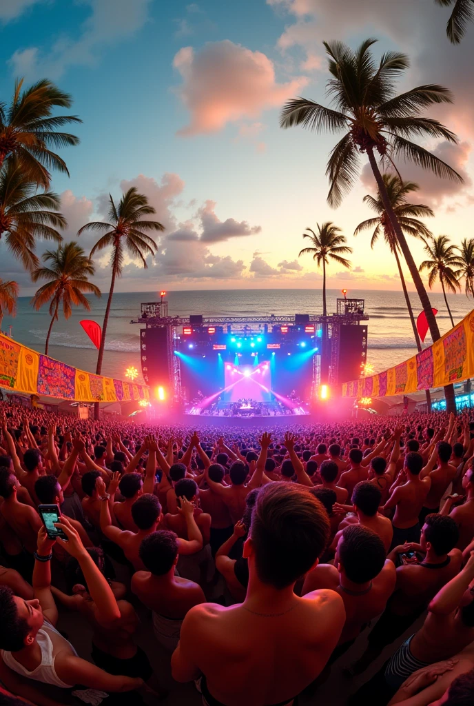 A wide-angle photo of a massive crowd at a beachside music festival, grooving to Brazilian samba. The stage is set against the backdrop of the ocean at sunset, with palm trees and colorful lights adding to the tropical vibe. The crowd is a mix of people dancing, waving flags, and taking photos.